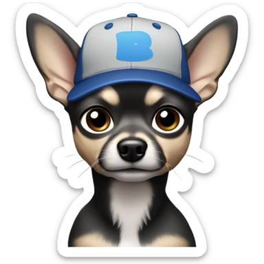Handsome man with blue eyes, wearing ball cap, with grey hair and goatee beard, holding all black long haired chihuahua sticker