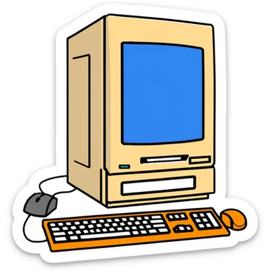 Early 2000s desktop computer, beige plastic casing, CRT monitor with blue screen, tower CPU with CD drive, separate wired keyboard and mouse, simple tech setup sticker