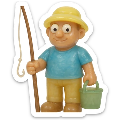 Make the fisherman have a wooden fishing pole and ensure the entire character is fully visible from head to toe (no cropping). The style is full-body, retro 90's toy, very transparent and slightly see-through, natural tan skin, blue shirt, yellow hat, pants, derpy eyes (large white eyeballs with small black pupils looking in different directions), soft plastic texture, soft reflections, soft and squishy, some cloudiness, not shiny, highly detailed, appealing, no tag, no background. sticker