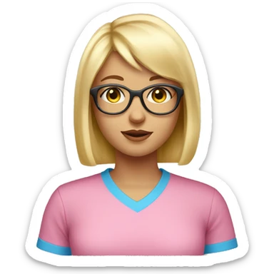 Blond girl, short hair, bangs, blue eyes, pink t shirt, golden glasses sticker