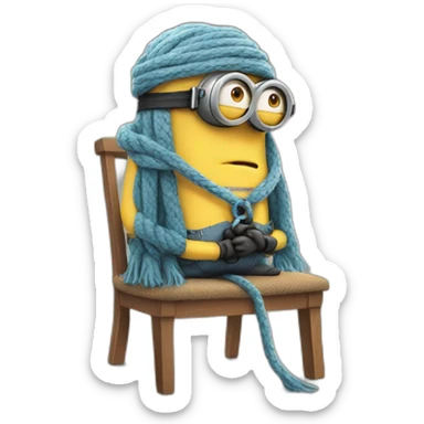 sad minion with a rope scarf standing on a chair sticker