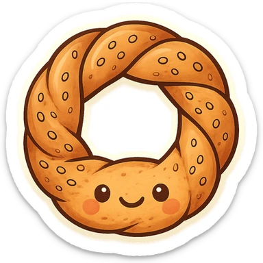 a simit, stylized as a cute cartoon character with a smiling face sticker