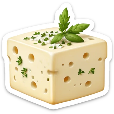 Cinematic Realistic Feta Cheese Dish Emoji, depicted as a block of crumbly, tangy cheese garnished with olive oil and herbs rendered with lifelike detail and soft natural lighting. sticker