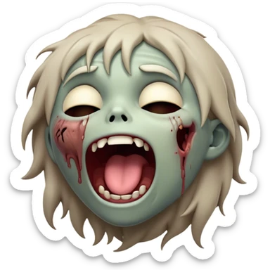 Cinematic Cute Yawning Zombie Portrait Emoji, with a delightfully quirky, slightly disheveled face in muted ashen tones, head tilted back in a big, funny yawn that reveals quirky stitches and playful gaps, simplified yet irresistibly charming, highly detailed with a soft, eerie glowing outline capturing the sleepy, offbeat vibe of a zombie taking a nap! sticker