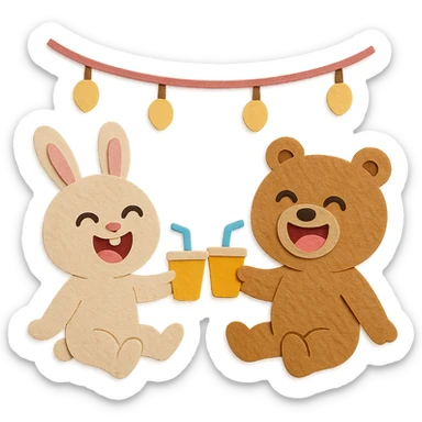 full-body bunny and bear with laughing faces clinking juice cups under string lights, paper-craft style sticker