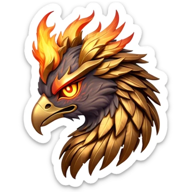 Cinematic Battle-Hardened Mystical Fire Phoenix Portrait Emoji, head bowed slightly in a moment of raw resilience, revealing a form etched with the wear of relentless conflict. Ragged, scorched plumage and half-closed, determined eyes speak to battles fought and won. Rendered with authentic detail and dramatic natural light that accentuates every scar and burn, high shine, this portrayal blends vulnerability with hardened strength, outlined in a soft glow that captures the essence of a phoenix tempered by the fires of combat. sticker