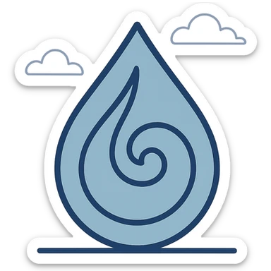 cyan water drop with an abstract cut out swirl, minimal flat style sticker