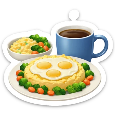 plate with eggs and veggies,  on the side one coffee in cute mug sticker