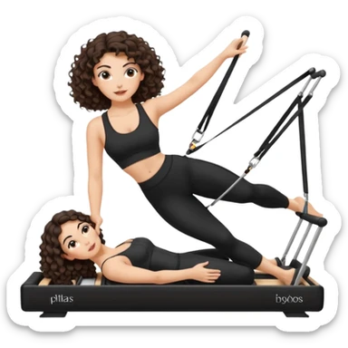 brunette,curly hair shoulder length,turkish,beautiful,with some eyelined eyes, 3b girl doing reformer pilates with black pilates cutesy set,on reformer machine,making different moves.just one person sticker