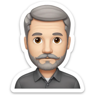50 yr old white man, pale skin, dark grey hair with some brown highlights, side swept part, groomed moustache and beard sticker