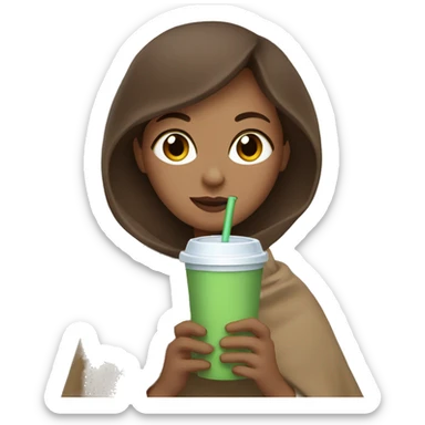 Woman with light green eyes and brown hair cozy with a blanket drinking iced coffee sticker