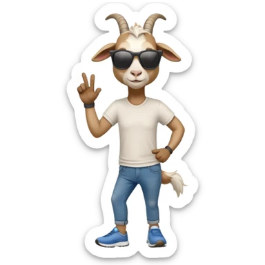 friendly anthropomorphised goat in jeans and a t-shirt, wearing dark sunglasses, jogging upright in standard pose sticker