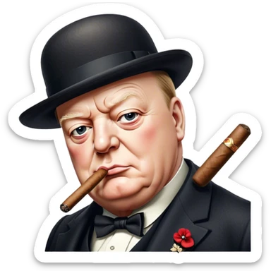 Cinematic Realistic Winston Churchill Portrait Emoji, depicted as a resolute British statesman with a signature bowler hat and a cigar, exuding determined leadership and wartime valor, rendered with lifelike textures and dramatic vintage lighting that captures his iconic British spirit. sticker