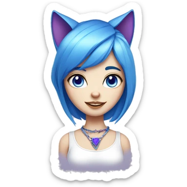 fair skinned cat girl with blue hair, cat ears, white top, blue necklace and purple left eye, blue right eye sticker