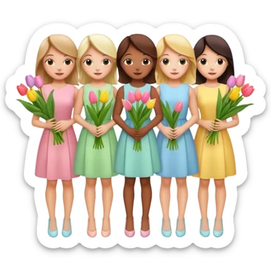 spring girly event - 5 girls wearing pastel dresses holding tulips sticker