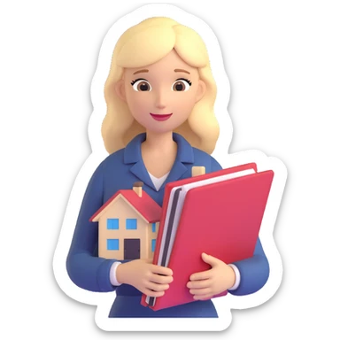 3D emoji style, blonde woman around 40 years old, real estate broker, holding a house file sticker