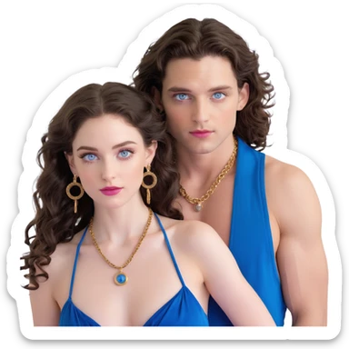 attractive couple with baddie energy, woman with big blue-grey eyes, long lashes, pale skin, pink lips, long voluminous dark brown curls, gold hoop earrings, revealing silky halter top next to handsome man with intense blue-grey eyes, chiseled features, pale skin, confident smirk, dark brown styled hair, gold chain, revealing open shirt sticker