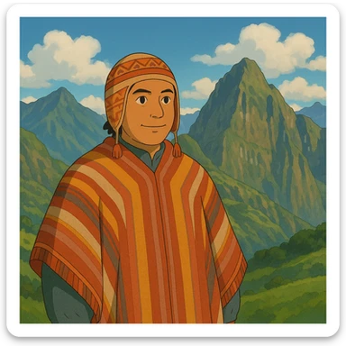 peruano con poncho y fondo de montañas andinas sticker