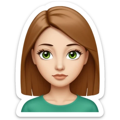 Adult woman avatar, light skin tone, oval face, long straight brown hair, green almond-shaped eyes with dramatic eyelashes and minimal eyeliner, neutral mouth, medium straight eyebrows, small nose, smooth skin sticker