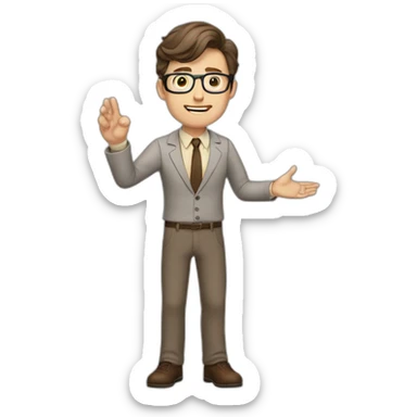 To belt Actively gesturing with hands Okay Pale skinned fit man with dark brown hair in gray jacket, beige office shirt, brown tie, brown pants and vintage glasses. sticker