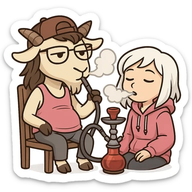 goat for Telegram stickers inspired by reference https://attic.sh/feoducyurkpqwz0la088soao98sx: wearing a cap, glasses, mullet hairstyle, pink drunkard tank top, sitting on a chair, smoking hooka with a girl. girl with white hair and pink hoodie https://i.ytimg.com/vi/x9PRt8xgy7Y/hqdefault.jpg . transparent background  sticker