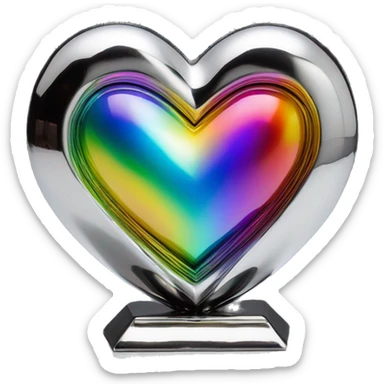 symmetric heart chrome sculpture symbolizing chromatic light with a geometric, faceted design. The heart is standing upright with angular and baroque features. The vibrant rainbow of colors highlights the sharp edges and planes.  sticker
