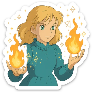 blonde woman with green eyes, fireballs in her hands, magical sparkles and glowing runes, ghibli style sticker