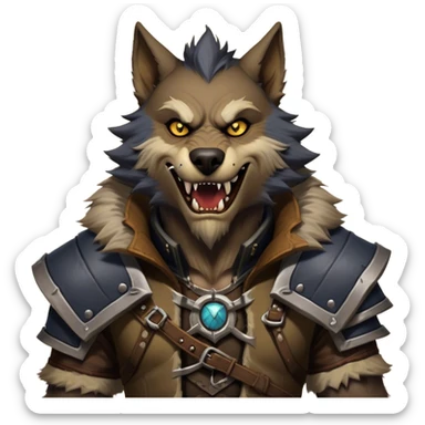 Cinematic Realistic WoW Worgen Portrait, head tilted dramatically with an exaggeratedly amused expression, blending ferocious beastliness with a touch of unexpected humor. His rugged fur, tanned skin, and worn leather garments are rendered with meticulous detail and dynamic lighting, high shine, dramatic yet whimsical, capturing the essence of a worgen whose epic might is tempered by a playful, irreverent charm. sticker