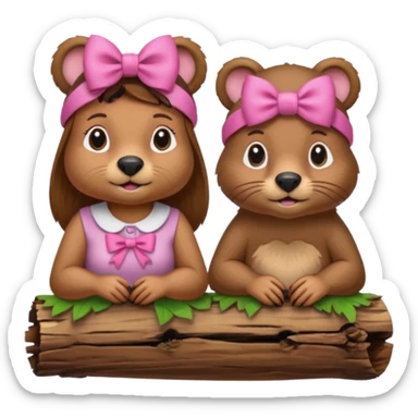 a girl beaver and a boy beaver on a log. give the girl beaver eyelashes and a bow on top of her head sticker