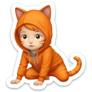 little kid Toddler in orange cat hoodie, crawling pose sticker