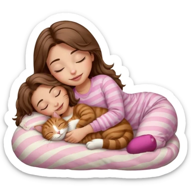 girl with wavy long brown hair, brown eyes, light to medium complexion, long lashes, light pink lipstick, smiling, wearing light pink shirt, sleeping on a cozy pillow, with brown tabby cat, sleeping sticker