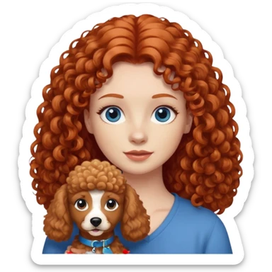 A red head with long hair blue eyes and a light brown poodle dog sticker