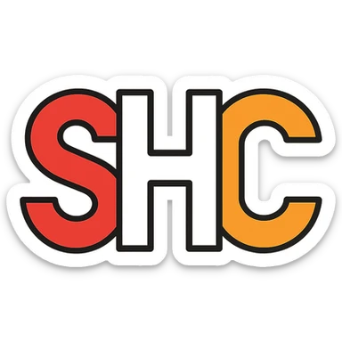 clean modern logo style letters SHC with S in red, H in white, C in orange sticker