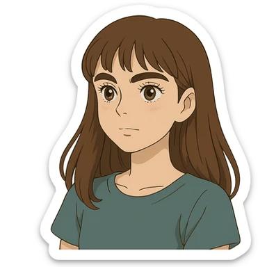ghibli style pretty girl with thick eyebrows, straight brown hair and brown eyes, curled eyelashes sticker