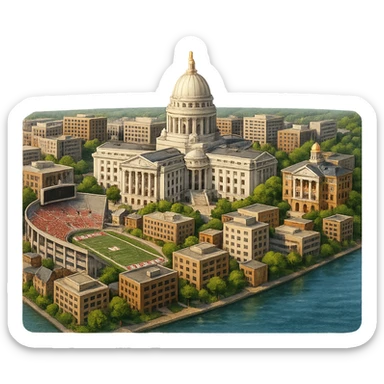 cinematic realistic emoji of Madison Wisconsin wide city view with iconic landmarks Wisconsin State Capitol Camp Randall Stadium Bascom Hill lakeshore lifelike detail accurate colors bright daytime lighting no sky no clouds no city name label transparent background sticker