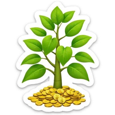 sequence of three: money seedling, money plant, and money tree, visually connected to show stages of compounding and growth, clear modern emoji style sticker