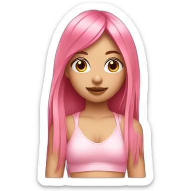 girl with long, straight rose hair and fringe and holding camera and wearing pink bralette sticker