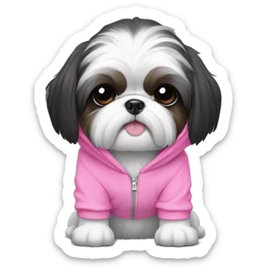 Black and white shih tzu wearing a pink hoodie sticker