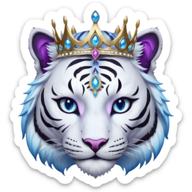ESO Female white/black tiger khajiit leader of the umbral rose, glowing blue eyes, glowing blue 'third eye' gem; silver crown/tiara with purple gems  sticker