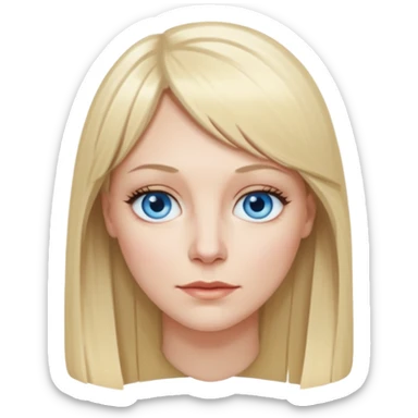 40 yr old white woman, pale skin, long straight blond hair parted in center, blue eyes, bangs sticker