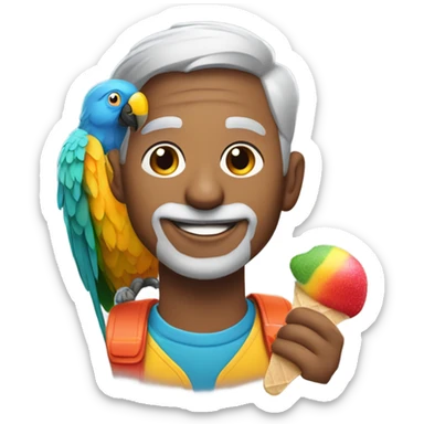 man with gray hair portrait with a colorful parrot on his shoulder eating a popsicle  sticker