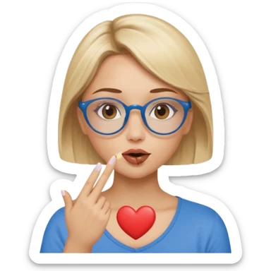 Asthectic Blonde women brown eyes, blue glasses, brown top blowing a kiss with a small heart around her. sticker