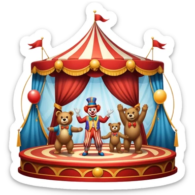 Professional icon for Circus Arts: a dynamic circus stage with acrobats in mid-performance, a clown, and trained performing bears. The icon should convey the skill and excitement of the circus, with precise details on costumes, props, and the arena setting. Transparent background. sticker