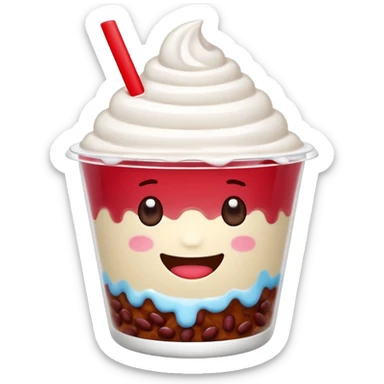 cute shaved ice emoji character in a clear cup, topped with red beans and milk drizzle, round eyes, big smile, minimal, expressive, LINE emoji style sticker