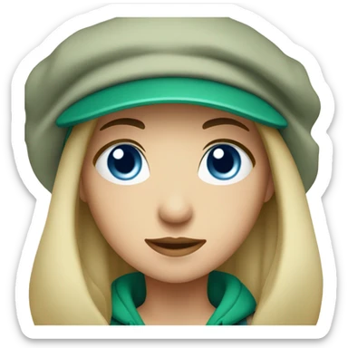 girl with dark hair and blue eyes in a green cap sticker