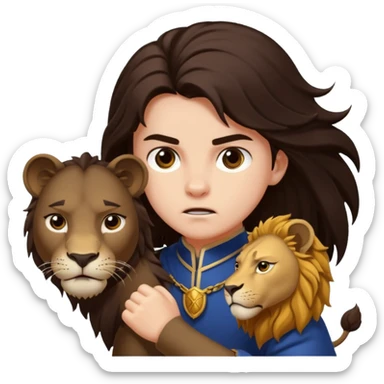 I want a royal child with dark brown long hair, fighting against a lion sticker