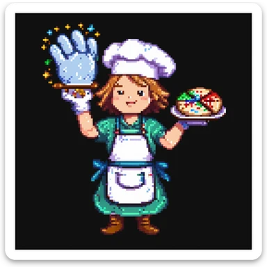 Portrait of a baker casting a baking spell, cookies floating around him, sparkles on his gloves and apron, skeuomorphism style sticker