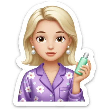 Clean girl aesthetic emoticons, apply skincare products, pearl earrings, glowing skin, pajamas, soft lighting sticker