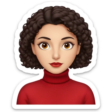 30 yr iranian woman dark brown hair curly wavy short hair, red turtle neck sweater, very thick eyebrows, light skin, dark brown eyes sticker
