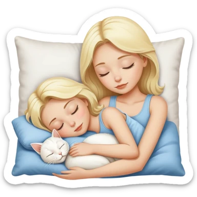 blonde sleeping on pillow with white cat  sticker